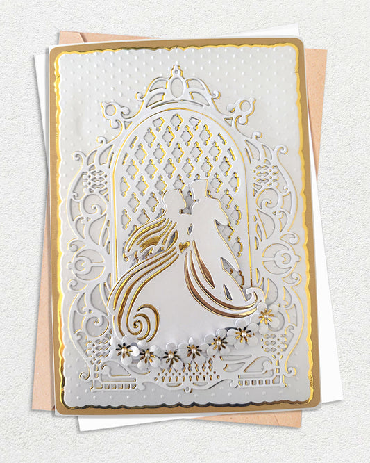 Handmade wedding congratulations card with gold foil lace border and die-cut bride and groom silhouette, blush envelope, by Del Cards NZ