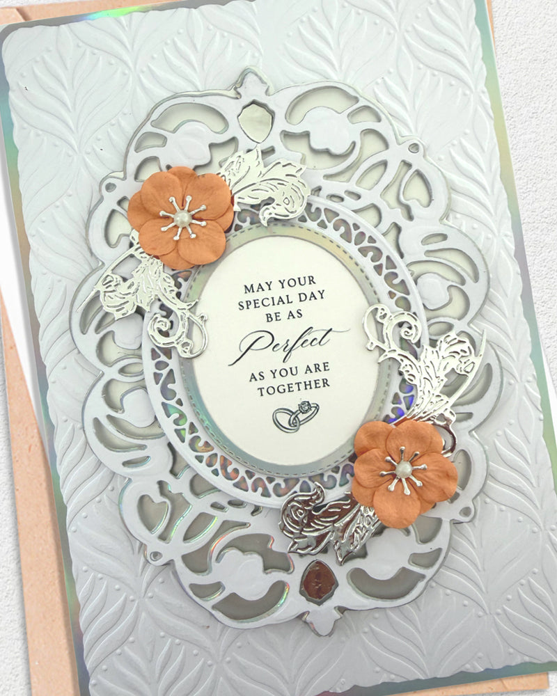 Details of luxury handmade wedding card by Del Cards NZ, layered embellishments and premium materials
