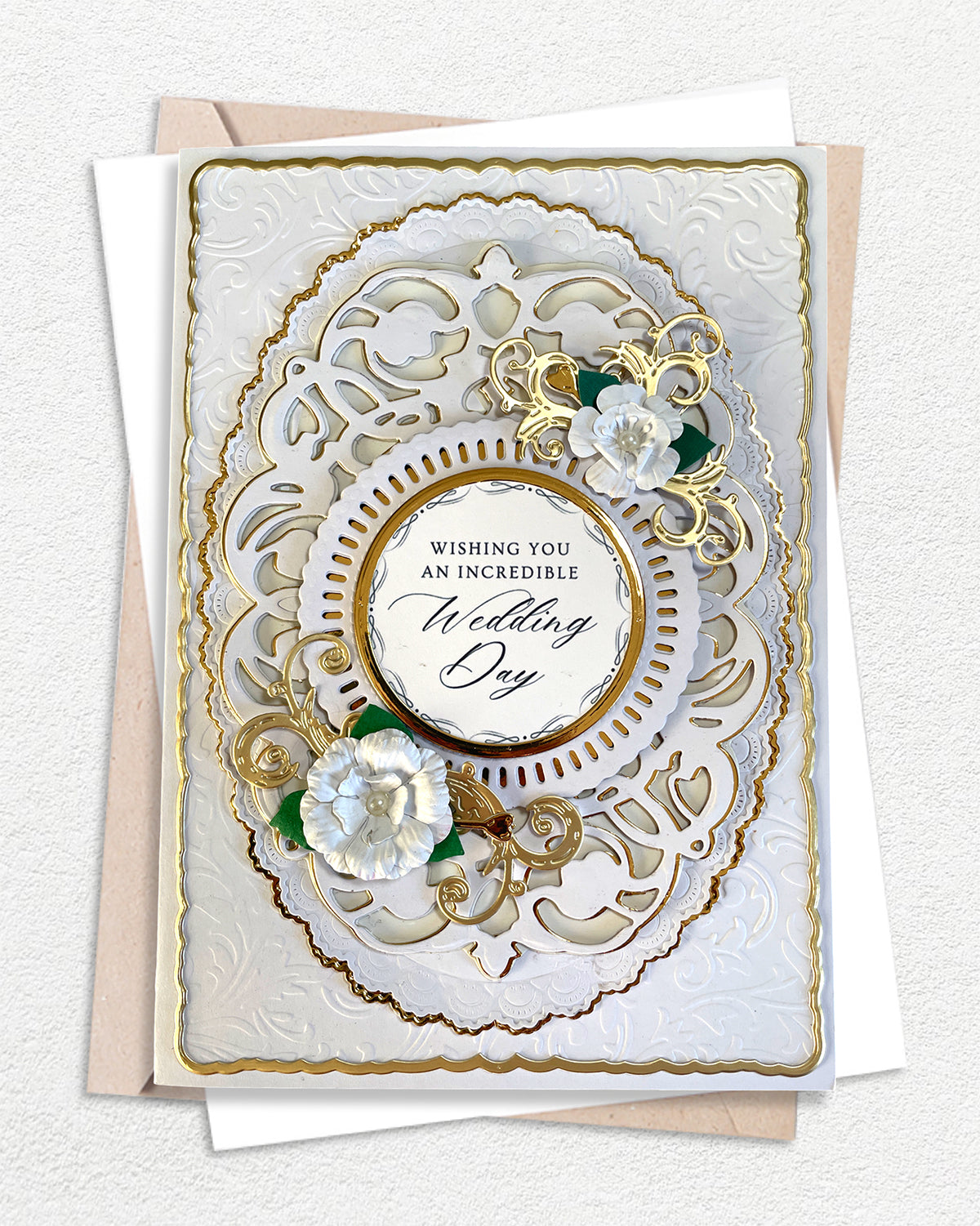 Luxury handmade wedding card with elegant embellishments, made in Auckland New Zealand — Wishing you an incredible Wedding Day