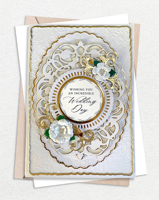 Luxury handmade wedding card with elegant embellishments, made in Auckland New Zealand — Wishing you an incredible Wedding Day