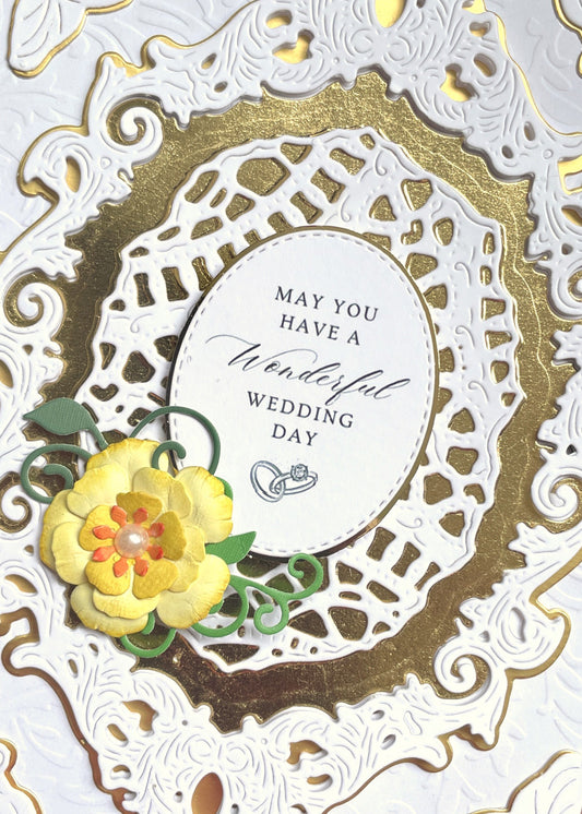 Close up detail of luxury handmade wedding card by Del Cards NZ, layered papers and premium embellishments