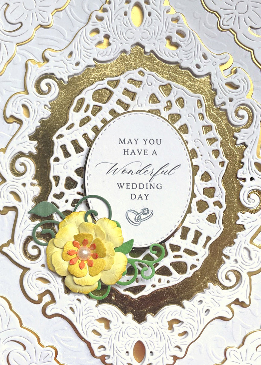 Close up detail of luxury handmade wedding card by Del Cards NZ, layered papers and premium embellishments