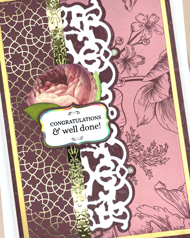 Greeting card with floral design and 'Congratulations & well done!' text on a pink background